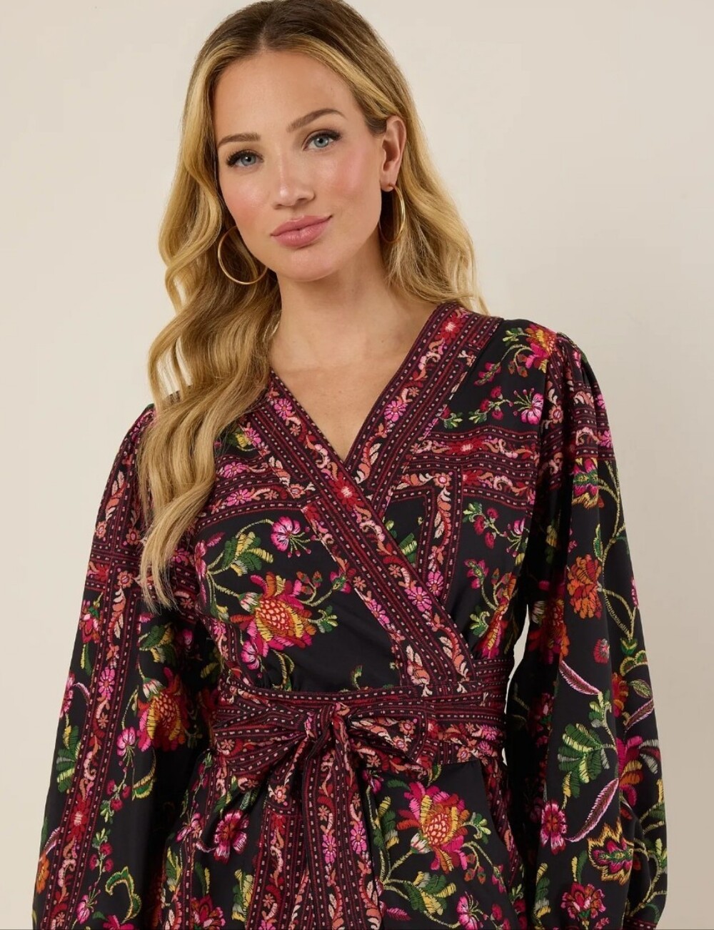 AVARA TAYLOR Floral Wrap Top in Black with Pink & Green Print
